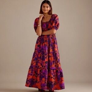 Anthropologie Somerset Puff Sleeve‎ Floral Maxi Dress Orange Purple Medium Boho